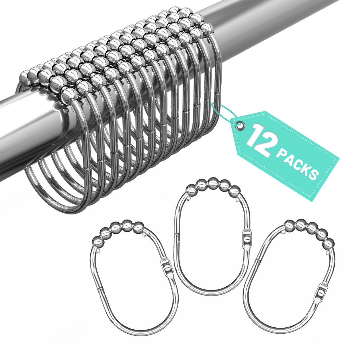 Stainless Steel Roller Ball Shower Curtain Hooks Rings (Set of 12)